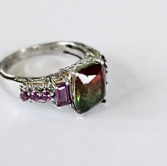 Genuine Watermelon Quartz & Rhodolite Garnet Ring Platinum/925 Sz 8! - Picture 7 of 14
